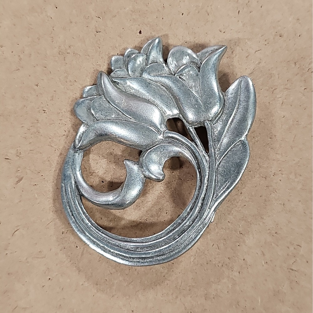 Vintage Signed Seagull Pewter Art Nouveau Style Floral Tulip Flower Brooch Pin
